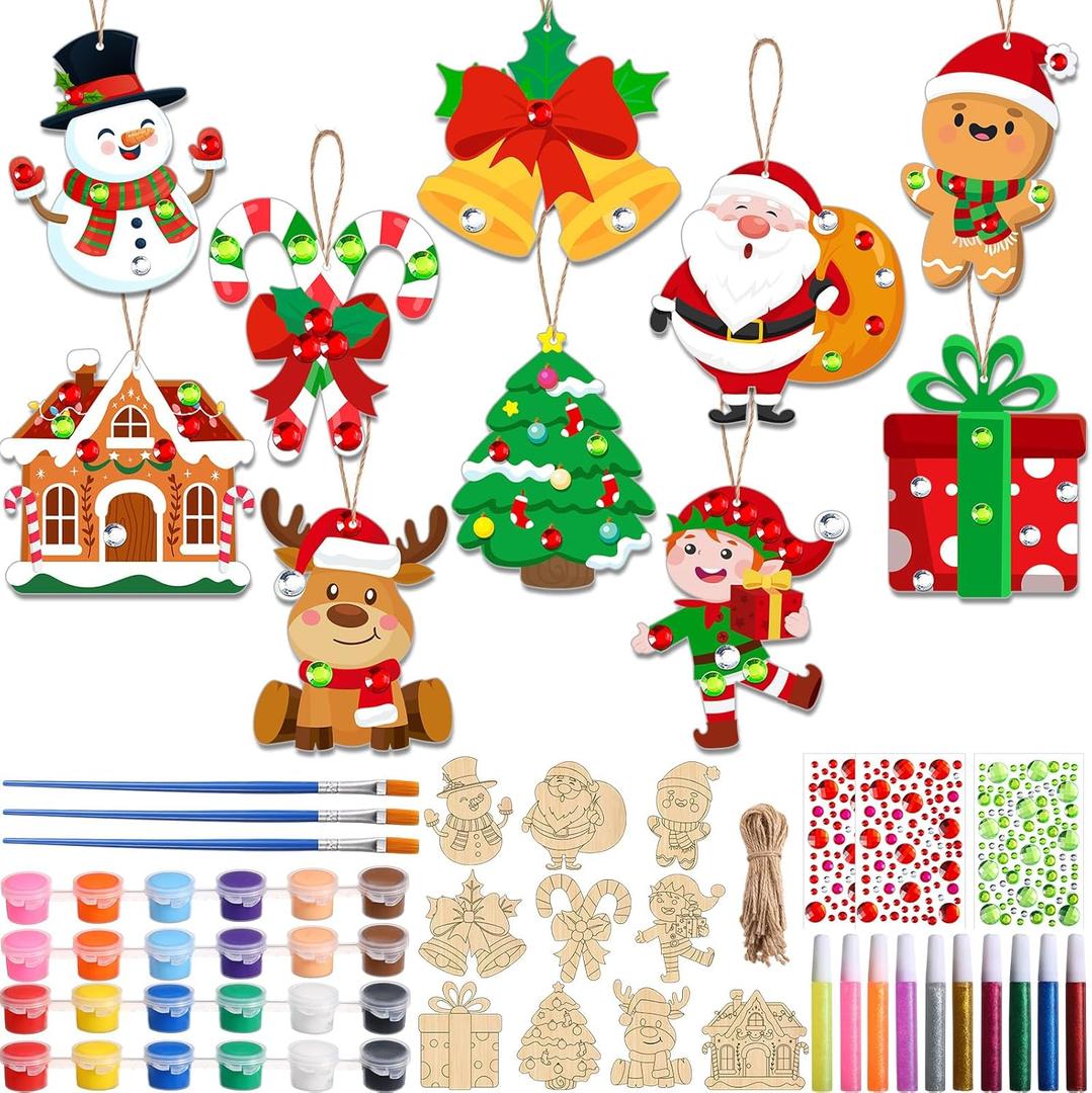 Realspring Christmas Wooden Painting Craft Kit Paint Your Own Xmas Tree Ornaments Santa Snowman Wood Slices Christmas Crafts Set for Holiday Winter Party Decorations Supplies