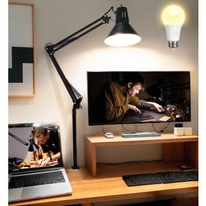 Desk Lamp for Home Office Eye-Caring Metal Extra Tall Swing Arm High Intensity Clamp Flexible Gooseneck w/A19 E26 LED Bulb Side Table Working Reading Architect Computer Workbench Puzzle Warm Light (Extra Long with Warm Bulb)