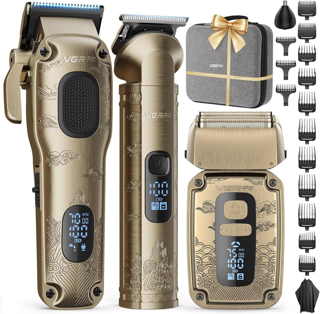 VGRPRO Hair Clippers & Trimmers Set for Men Professional, Waterproof Electric Razor Foil Shaver for Men Face Beard, Cordless for Hair Cutting, 4-Speed Setting, LED Battery Display, Barber or Home Use (Gloden)