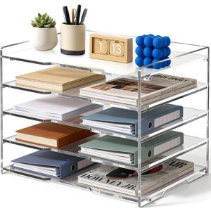 Leffis 5 Tier Acrylic Desk Paper Organizer, Clear Desk Organizer and Accessories Letter Tray for Papers, Documents, File Office Home Classroom Organization
