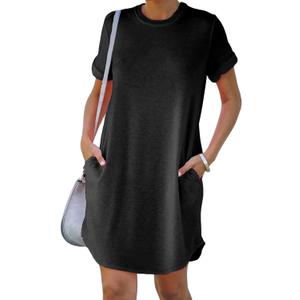 YEXIPO Women's Casual Summer Short Sleeve T Shirt Dress Nightgown Crew Neck Loose Solid Color Basic Dresses with Pockets, L