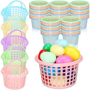 DoubleFill 60 Pcs Plastic Mini Easter Baskets Bulk Small Colorful Plastic Baskets with Handles Round Basket for Egg Hunts Easter Party Favor Kids