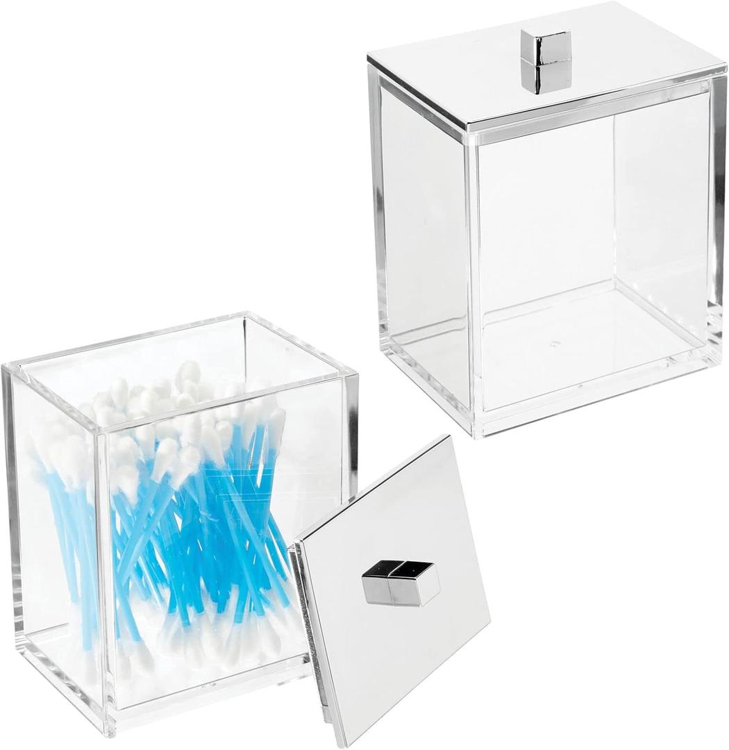 mDesign Plastic Rectangle Apothecary Canister - Organizer for Bathroom Vanity Countertop Shelf Decor - Holds Cotton Swabs, Soap, Makeup, Bath Salts - 2 Pack- Lumiere Collection - Clear/Chrome