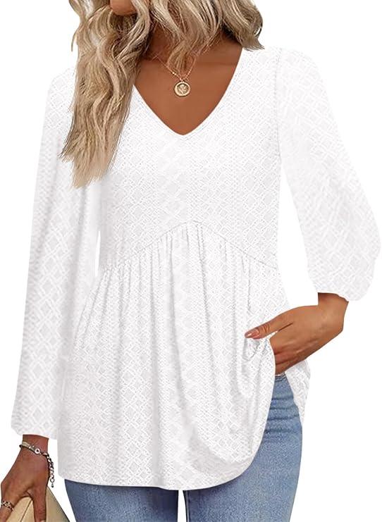 Tankaneo Womens Long Sleeve Shirts V Neck Loose Fit Tunic Tops Babydoll Peplum Top Flowy Dressy Casual Blouse Eyelet T-Shirt White, XL