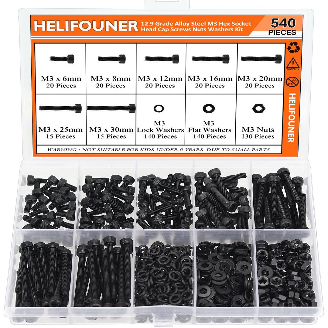 540 Pieces M3 x 6mm /8mm /12mm /16mm /20mm /25mm /30mm, Hex Socket Head Cap Screws Bolts Washers Nuts Kit, 12.9 Grade Alloy Steel, Full Threaded, Black