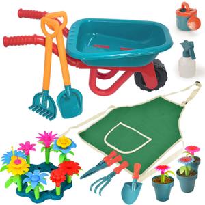 unanscre Gardening Tool Set for Kids, with Toddler Wheelbarrow, Watering Can, Spray Bottle, Double Rake, Shovel, Trowel, Pruner, Flowers Kit, Apron, Pretend Play Garden Toys for Age3+ Outdoor Yard
