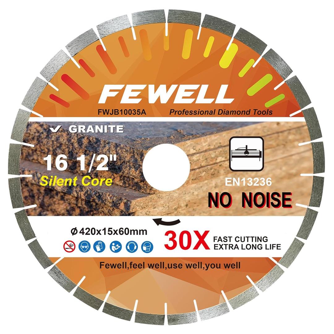 FEWELL 16 1/2 inch Bridge Saw Blade for Cutting Granite, 420mm Silent Core Diamond Blade with 15mm Segment and 60mm Arbor