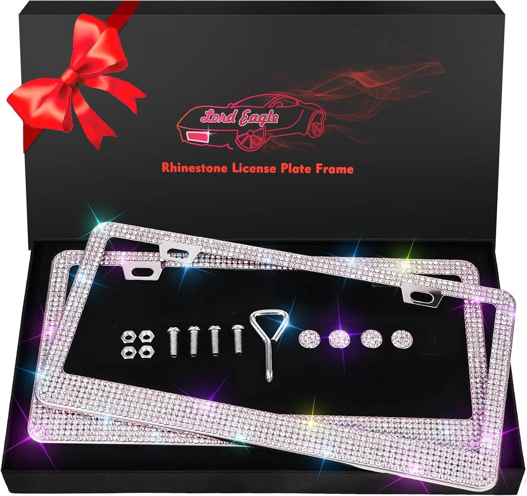 [2 Pack] AB Bling License Plate Frames - 1200+ Hand-Set Iridescent Rainbow Crystals - Rust-Proof Stainless Steel, 100% Street Legal - Girly Car Accessories Gifts for Women (Placas de Carro Mujer)