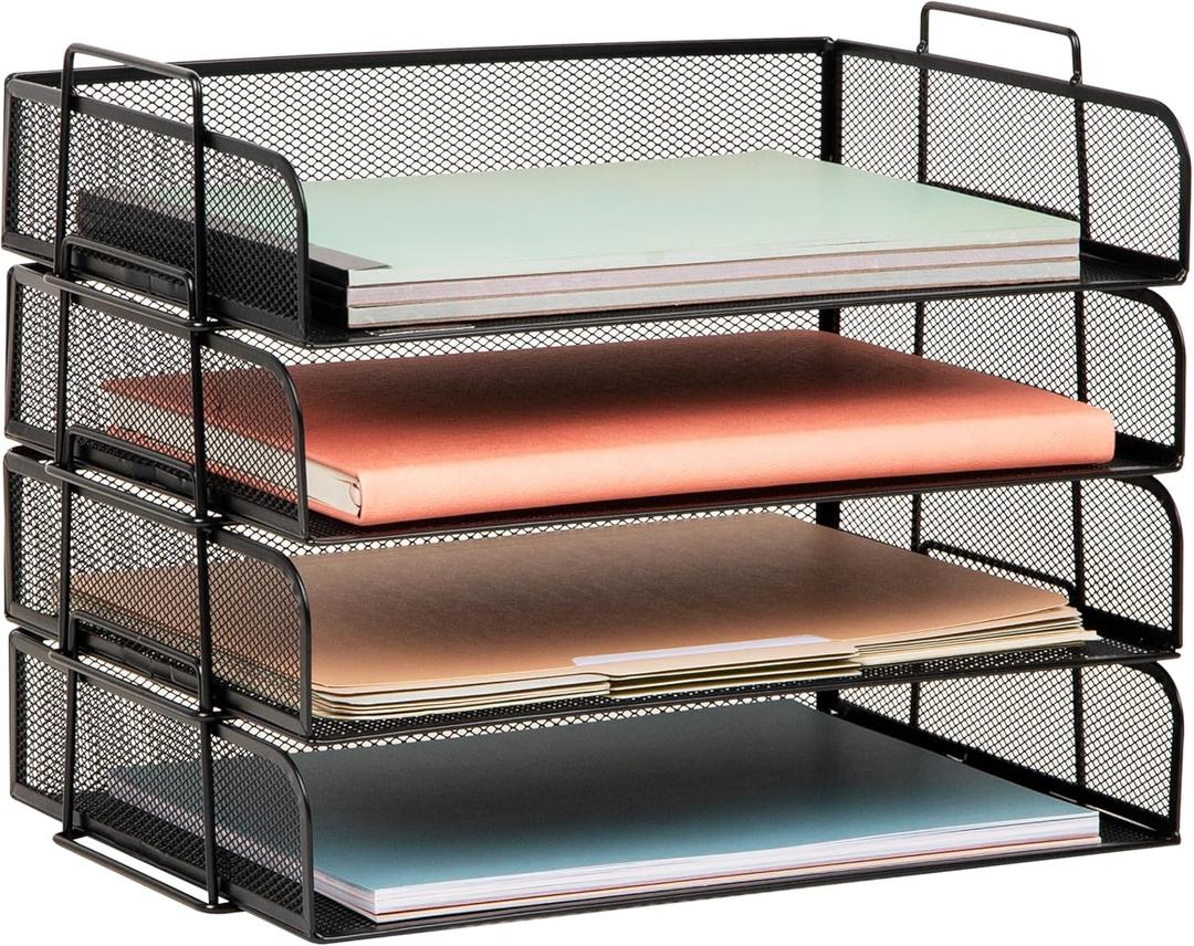 Mind Reader Stackable Paper Tray, Desktop Organizer, File Storage, Office, Metal Mesh, 4 Pcs., Black (13.3" x 9.8" x 11.3")