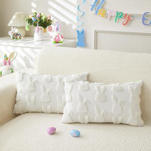 Easter Throw Pillow Covers 12x20 inch Set of 2 for Easter Decorations White Bunny Rabbit Soft Plush Faux Fur Wool Pillow Covers for Sofa Living Room Couch Bed