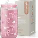 SANDJEST Bow Glass Can, Bows Cup With Lid & Straw, Iced Coffee Aesthetic Cups, Idea Gift for Christmas Birthday Mother Day, Gifts For Women, 16oz