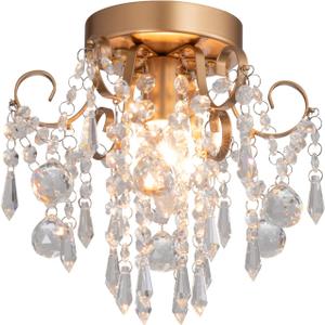 Q&S Mini Chandelier Crystal Ceiling Light,Small Flush Mount Gold Light Fixture for Entryway Bedroom Barthroom Hallway Closet E26