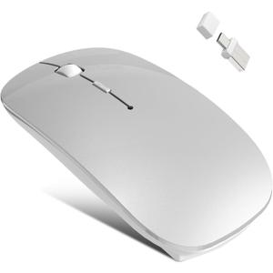 Bluetooth Wireless Mouse for MacBook Air Mac Pro iPad Laptop Computer Pad Optical Rechargeable Slim Silent Dual Mode (2.4G USB-C/USB-A&Bluetooth 5.2/3.0) Mouse Jiggler for Computer Awakening - Silver