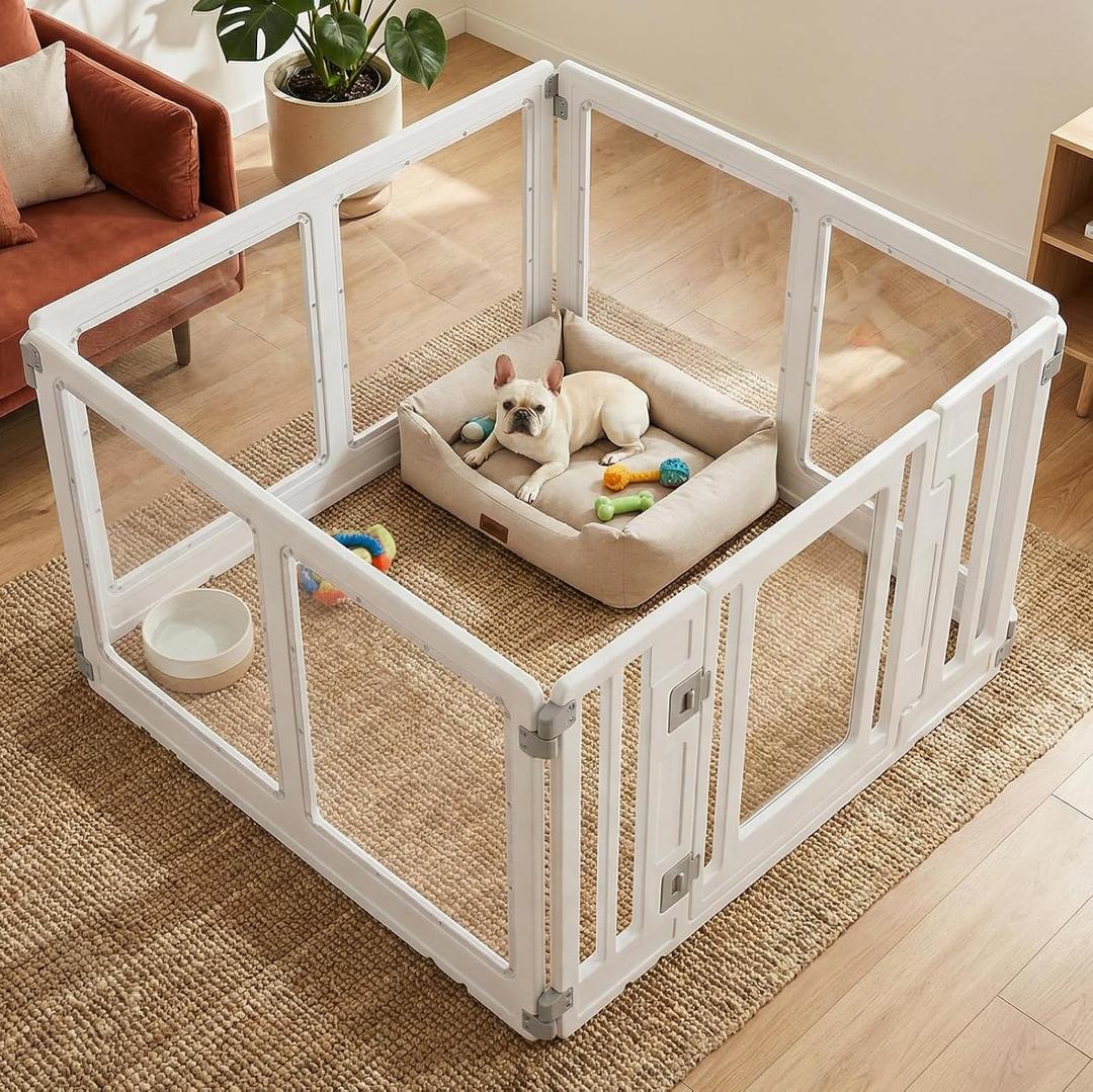 Clear Acrylic Dog Playpen with Door, Transparent Puppy Playpen for Small and Medium Puppies, Easy Assemble Pet Fence Indoor with Safety Lock (White, 35 x 35 x 22.4 Inch)