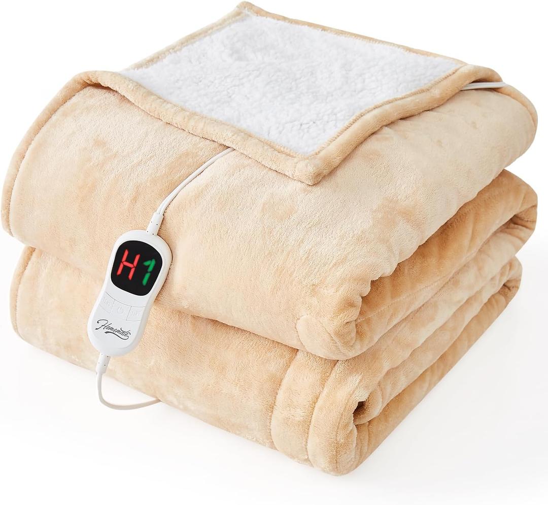 Homemate Electric Heated Blanket Twin - 62"x84" Heating Bed Blankets Throw with 10 Heating Levels 8 Hours Auto Off Fast Heating Over-Heated Protection Ultra Soft Warm Flannel ETL Certified Beige