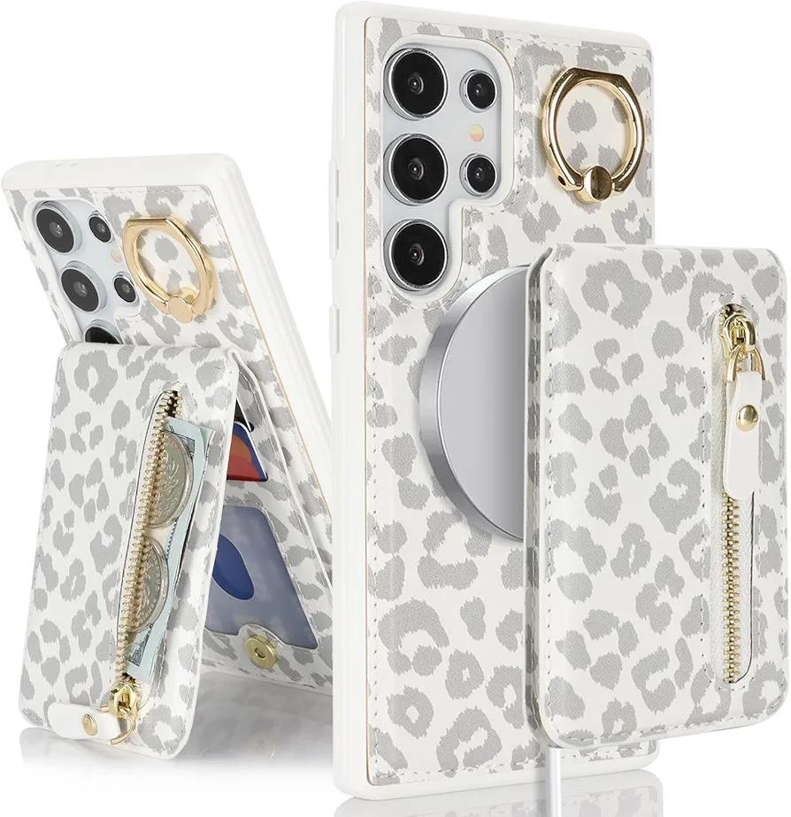 for Samsung Galaxy S24 Ultra Phone case with Card Holder with Compatible magsafe Magnetic, Key Chain PU Leather Flip Kickstand Detachable 2-in-1 Wallet case Women Men-White Leopard