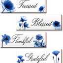 MONKLE Blue Wall Decor for Living Room 4 Pieces - Focused Grateful Blessed Thankful Wood Signs, Flowers Art Decor Wooden Hanging Plaques, Floral Art Decorations for Home Kitchen