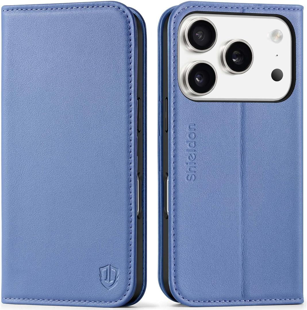 SHIELDON Case Wallet for iPhone 17 Pro 6.3" 2025 | Genuine Leather | Flip Magnetic Closure | RFID Blocking Credit Card Holder | Kickstand | Full Protection Cover | Wisteria Purple