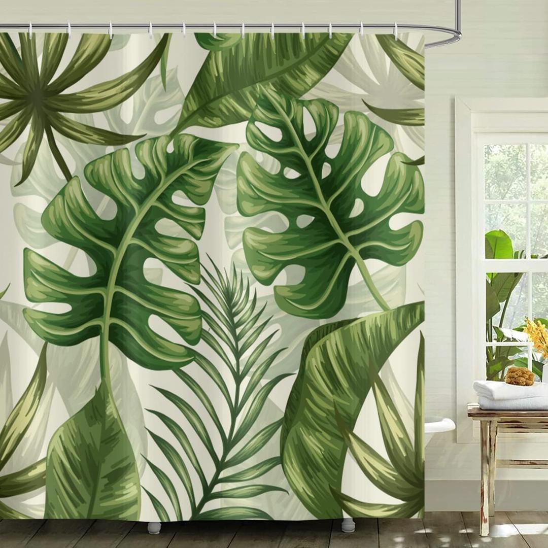 Tropical Leaves Shower Curtains, Palms Monstera Banana Leaf Green Plant Botanical Bathroom Curtains Bathtub Home Decor Machine Washable Waterproof Fabric with 12 Hooks 72L*72W inch