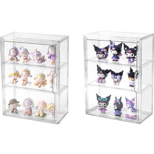 3 Tier Display Case for Collectibles,Clear Display Box with 2 Movable Plates ,Storage Container with Magnetic Door (Large 2 Pack)