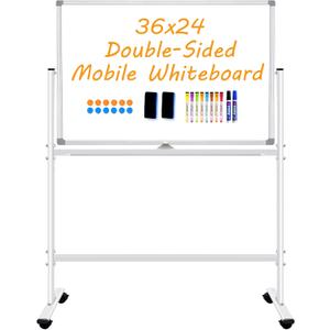 BSTPCOO Double-Sided Dry Erase Board with Stand 36"x24", Magnetic Mobile White Board Rolling Whiteboard on Wheels Drawing whiteboard with Stand for Kids & Adults, 2 Eraser, 10 Markers, 12 Magnets