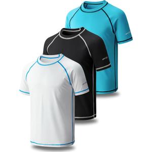 Liberty Pro 3 Pack Boys' UPF 50+ Rash Guard Short Sleeve Swim Shirts, Quick Dry UV Protection Swimwear for Kids (X-Large, Aqua/Black/White)