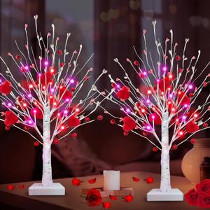 Valentines Day Decorations, Prelit Timer 2Pack Lighted Birches Valentines Tree with 12 Heart-Shaped 48 Red Berries, Battery Operated Artificial Tree 24 Red&Pink Lights Home Table Valentines Day Decor