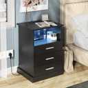 Black LED Nightstand with Charging Station, Side Table with 3 Drawers and Light, End Table with Open Storage, Beside Cabinet for Bedroom (Black)
