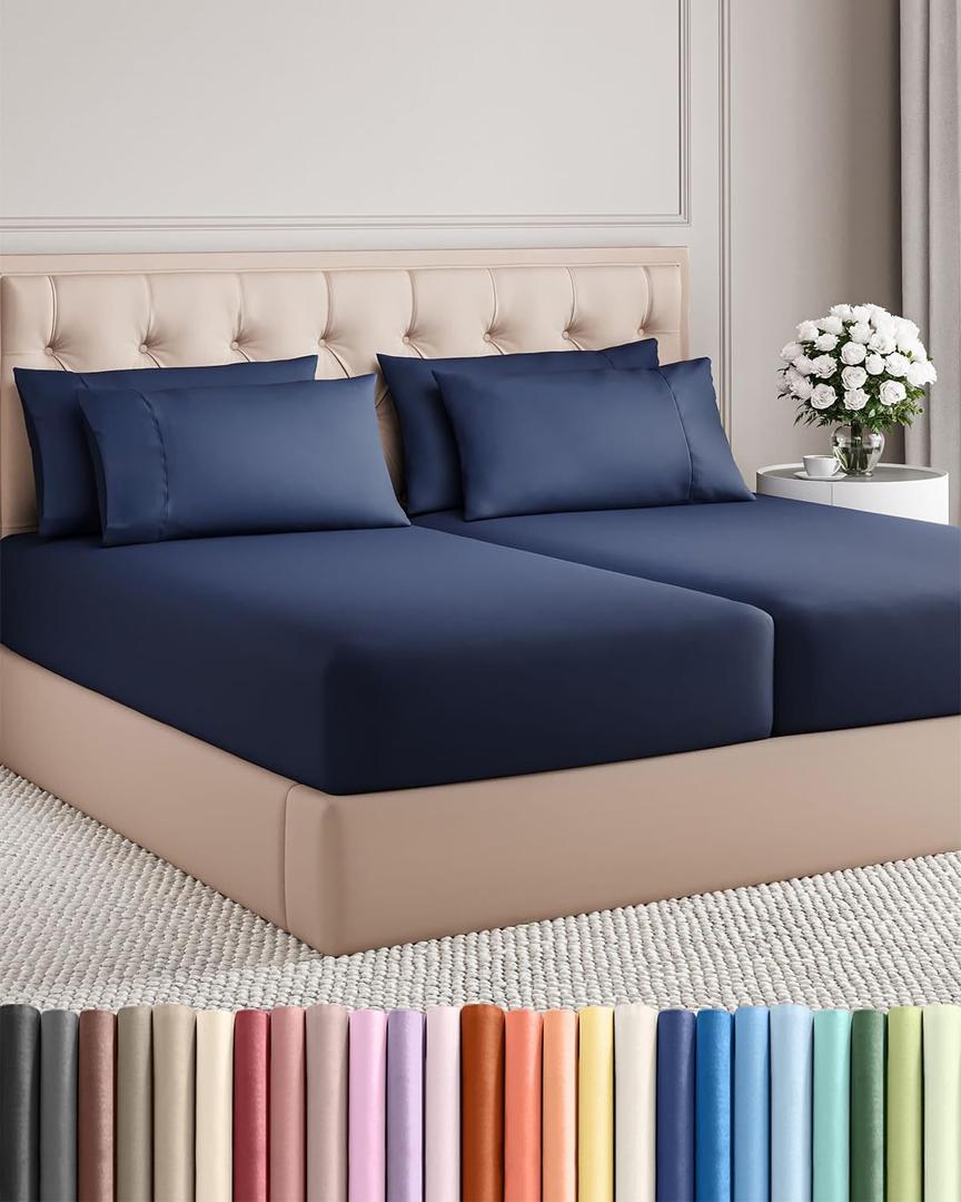 Split King 7 Piece Sheet Set - Comfy Breathable & Cooling - Soft Hotel Luxury Bedding Set with 8-16 Inch Deep Pockets - 1 Flat & 2 Fitted Sheet & 4 Pillowcases - Wrinkle Free & Easy Care - Navy Blue