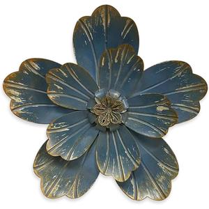 Metal Flower Wall Sculpture, 9.5" Rustic Modern Floral Artwork, Distressed 3D Layered Vintage Iron Flower Wall Hanging Accent for Indoor Kitchen, Bedroom Living Room Office Outdoor Garden Patio Decor (Retro blue)