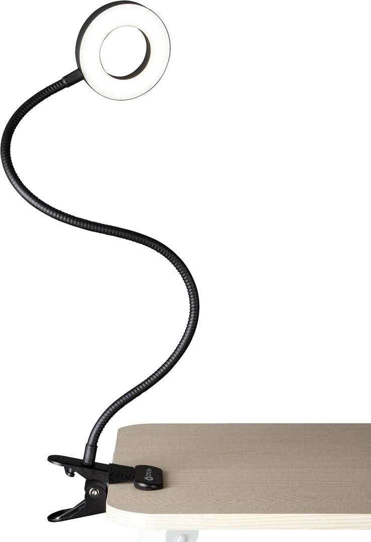 OttLite Capture Clip-On LED Desk Lamp and Ring Light for Desk, Use for Reading, Selfie, for Computer, ClearSun LED Technology, Dimmable with 3 Color Modes, Black Clip-on Light