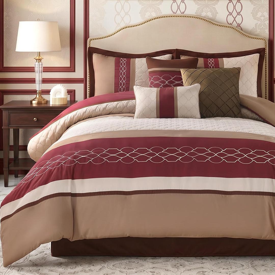 Queen Size Comforter Set, Burgundy Beige Taupe, 7PC Bed in a Bag