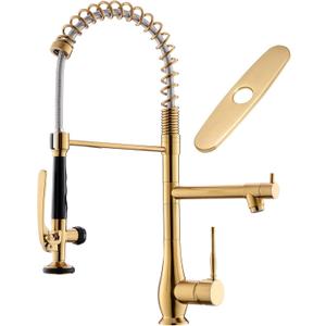 GIMILI Brushed Gold Kitchen Faucet with Pull Down Sprayer Single Handle High Pressure Brass Kitchen Sink Faucet Commercial Double-Headed Kitchen Faucets Sink with Deck Plate