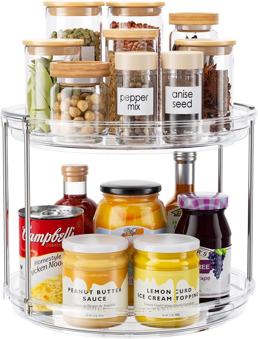 2 Tier Lazy Susan Organizer, 9.25'' Lazy Susan Turntable for Cabinet, Stackable Turntable Organizer Rotating Spice Rack Organization for Kitchen Countertop, Pantry, Bathroom, Clear 