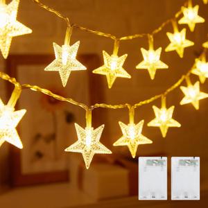 Minetom Star String Lights Battery Operated - 2 Pack 17 ft 50 LED Star Fairy String Lights with Timer, Waterproof for Indoor Bedroom Tent Loft Bed Patio Party Wedding Decor, Warm White