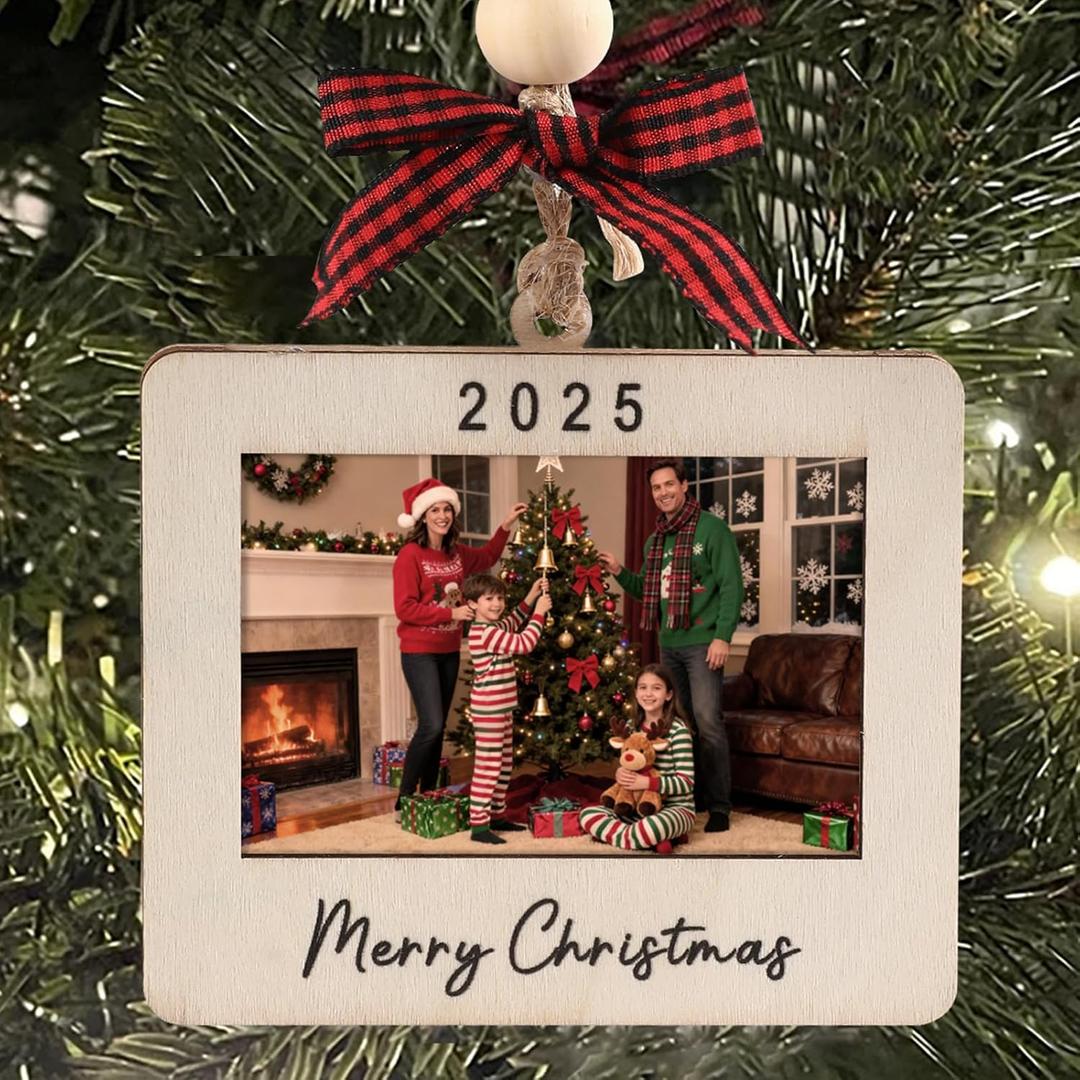 Christmas Ornament -2025 Merry Christmas Wooden Photo Frame with Hanging String for Xmas Tree Decoration Holiday Decor (Landscape)