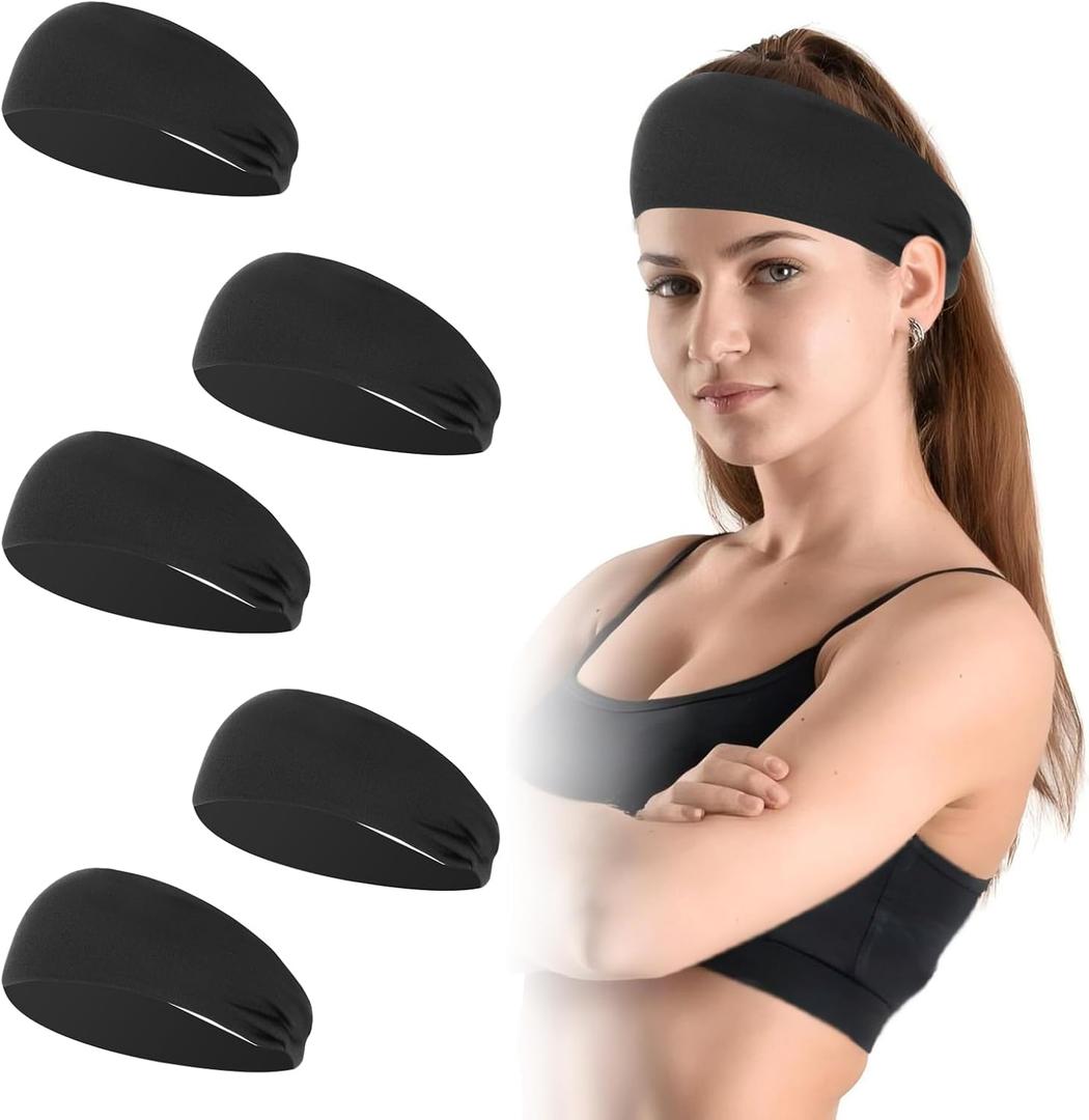 Sports Headbands for Women, Moisture Wicking Workout Headband, Stylish Comfortable and Stretchy Non Slip Headband, Sports, Yoga, Running Essentials for Women, Sweat Absorption and Quick Drying (Black*5)