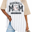 Baseball Mom Shirts for Women - Oversized V Neck Baseball Jersey Shirt Stripe Graphic Print Casual Tops Tees (Beige, M)