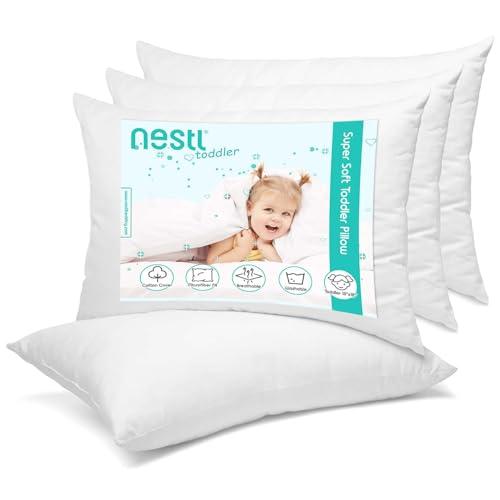 Nestl 4 Pack Toddler Pillow for Sleeping 13 x 18, Small Kids Pillow for Travel, Car, School, Nap, & Toddler Bed, Machine Washable Soft Cotton Toddler Pillow 2 Year Old and Up - White