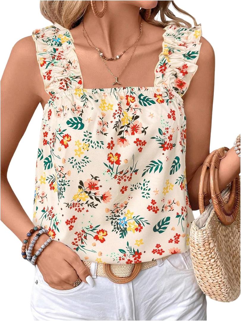SweatyRocks Women's Sleeveless Square Neck Floral Print Ruffled Ruched Wide Strap Tank Top Blouse (M)