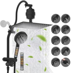 Hibbent Dual Filter All Metal 12" Rainfall Showerhead Combo, High Pressure Filter Shower Head with 10-Spray Mode Handheld, 4-way Diverter with Pause Mode, 71'' Shower Hose and Holder, Matte Black