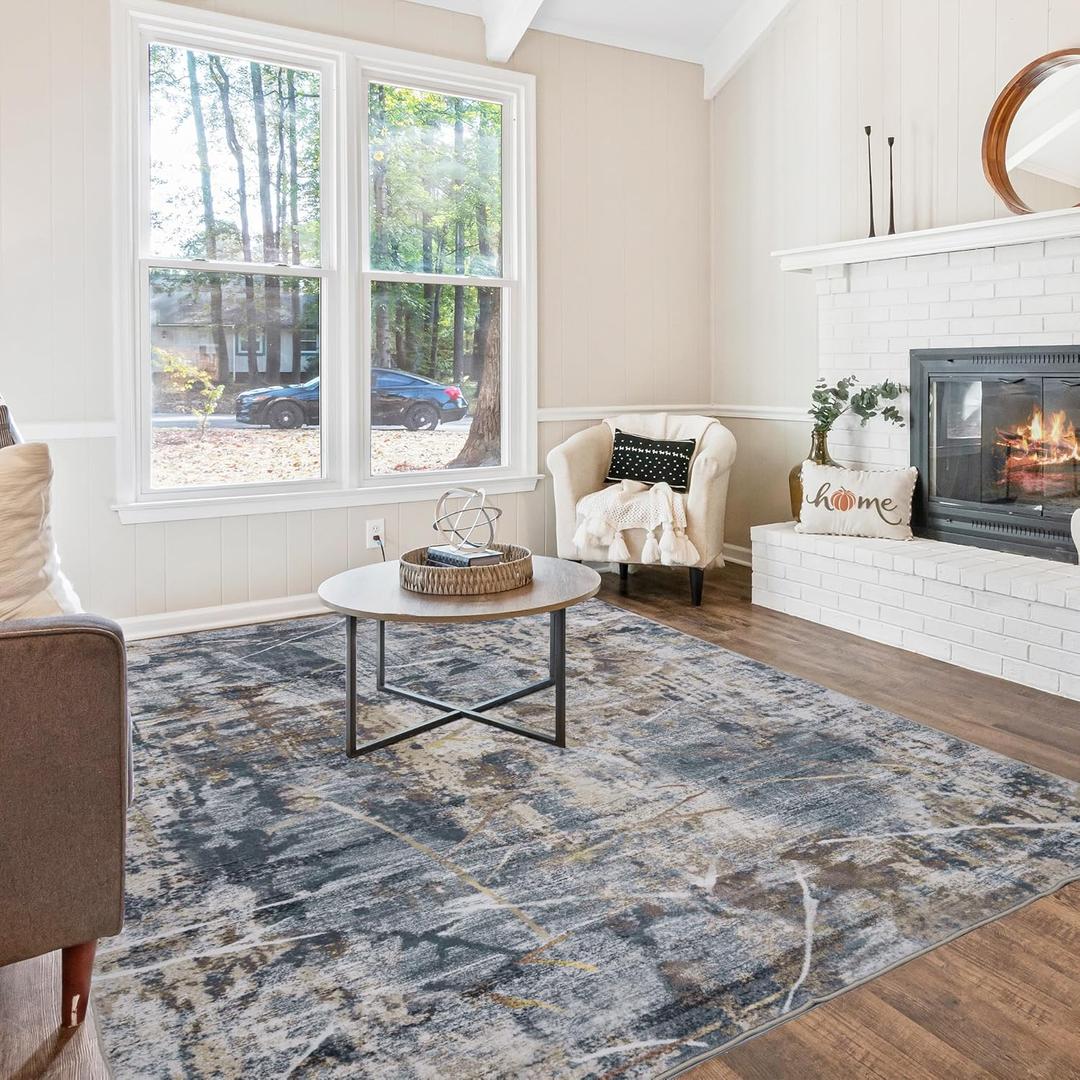 9x12 Area Rug, Modern Abstract Area Rug Machine Washable, Non Slip 9 x 12 Rugs for Living Room, Dining Room, Office Non Shedding Bedroom Carpet, Grey/Tan/Navy