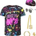 Lainvenor 80s 90s Outfits for Boys 5 Pcs Hip Hop Rapper Accessories Kids Colorful T Shirt Costume for Cosplay Theme Party (Size 150)