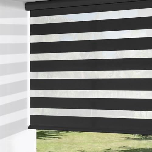ChrisDowa Cordless Zebra Blinds for Windows, Dual Layer Free-Stop Light Filtering Window Roller Shades, Pull Down Privacy Zebra Shades for Home, Office, Bedroom, Door (71" W x 72" H, Black)