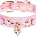 THAIN Fashion Dog Collar with Bling Diamonds & Heart Charm – 5 Holes Adjustable PU Leather Rhinestones Necklace Collar, Gold Buckle for Small Medium Dogs Girl (Pink, S)