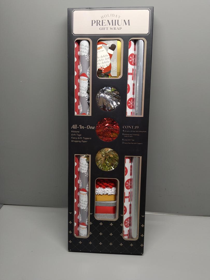 LaRibbons Christmas Wrapping Paper Sets, Classic HO HO Santa & Plaid & Polka Dot Design with Ribbons & Gift Tags & Metallic Pom Pom for Christmas, Holiday，30Inch × 10Feet（4 Rolls: 100 Sq.Ft.Ttl）