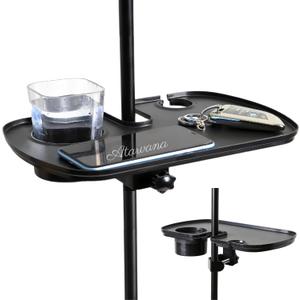 Universal Microphone Stand Tray with Drink Holder, Adjustable Mic Stand Clamp-On Utility Shelf Rack Tray Holder for Music Sheet, Live Streaming, Concert, Karaoke, Recording, Music Stand Accessories