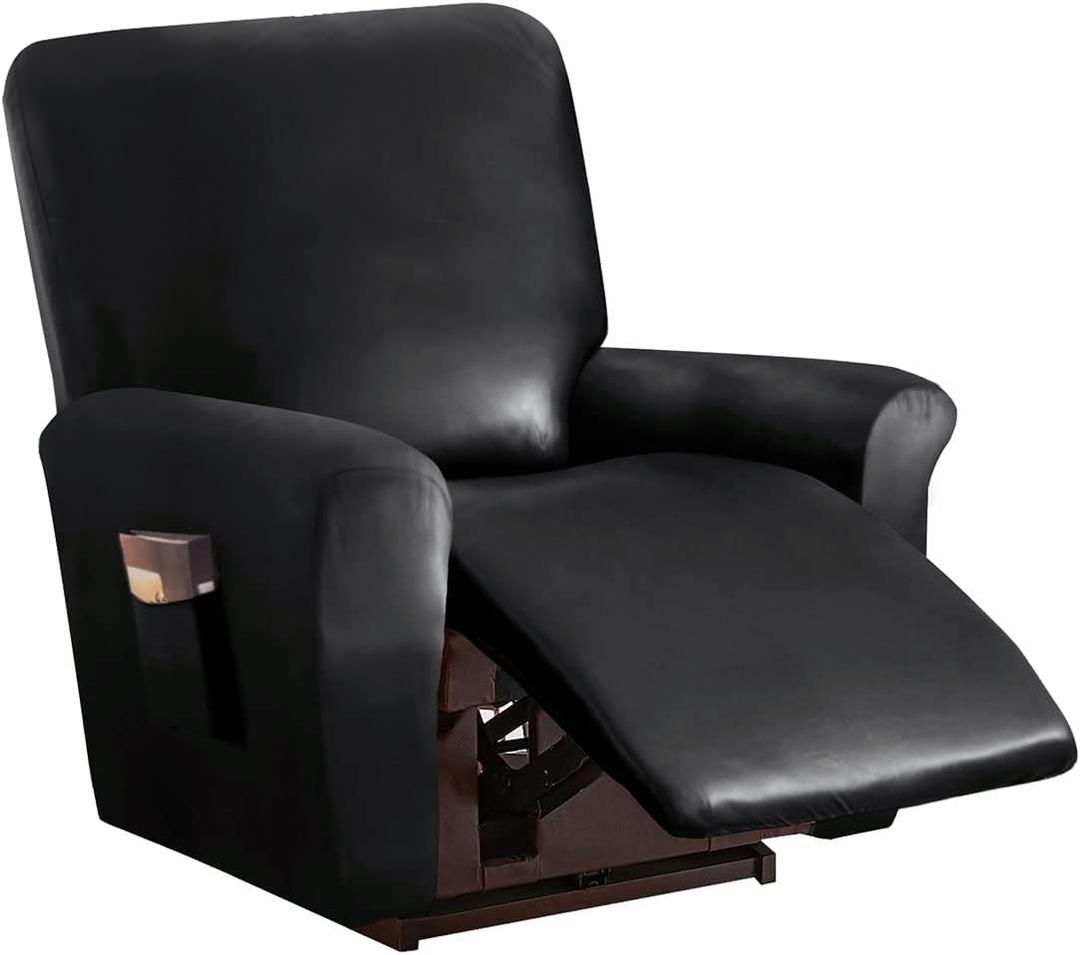 vctops 4 Pieces Waterproof Faux PU Leather Recliner Slipcovers Stretch Soft Sofa Couch Cover Anti-Slip Furniture Protector with Elastic Bottom for Kids Cats Dogs(Black, 1 Seat)