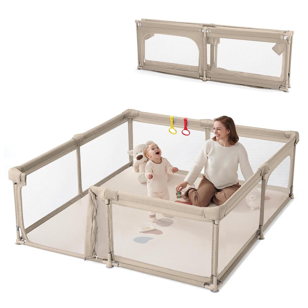 Foldable Baby Playpen with Double Door, 79"71" Extra Large Playpen for Babies and Toddler,Play Yard with Breathable Mesh, Baby Fence Play Area for Indoor & Outdoor,Khaki