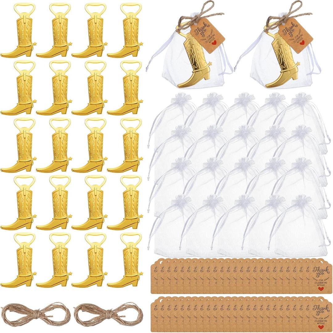 20 Set Cowboy Boot Bottle Opener Set Cowgirl Western Derby Wedding Party Favor Includes Cowboy Beer Bottle Opener Organza Bag Thank You Tag and Jute Rope for Guest Wedding Party Baby Shower